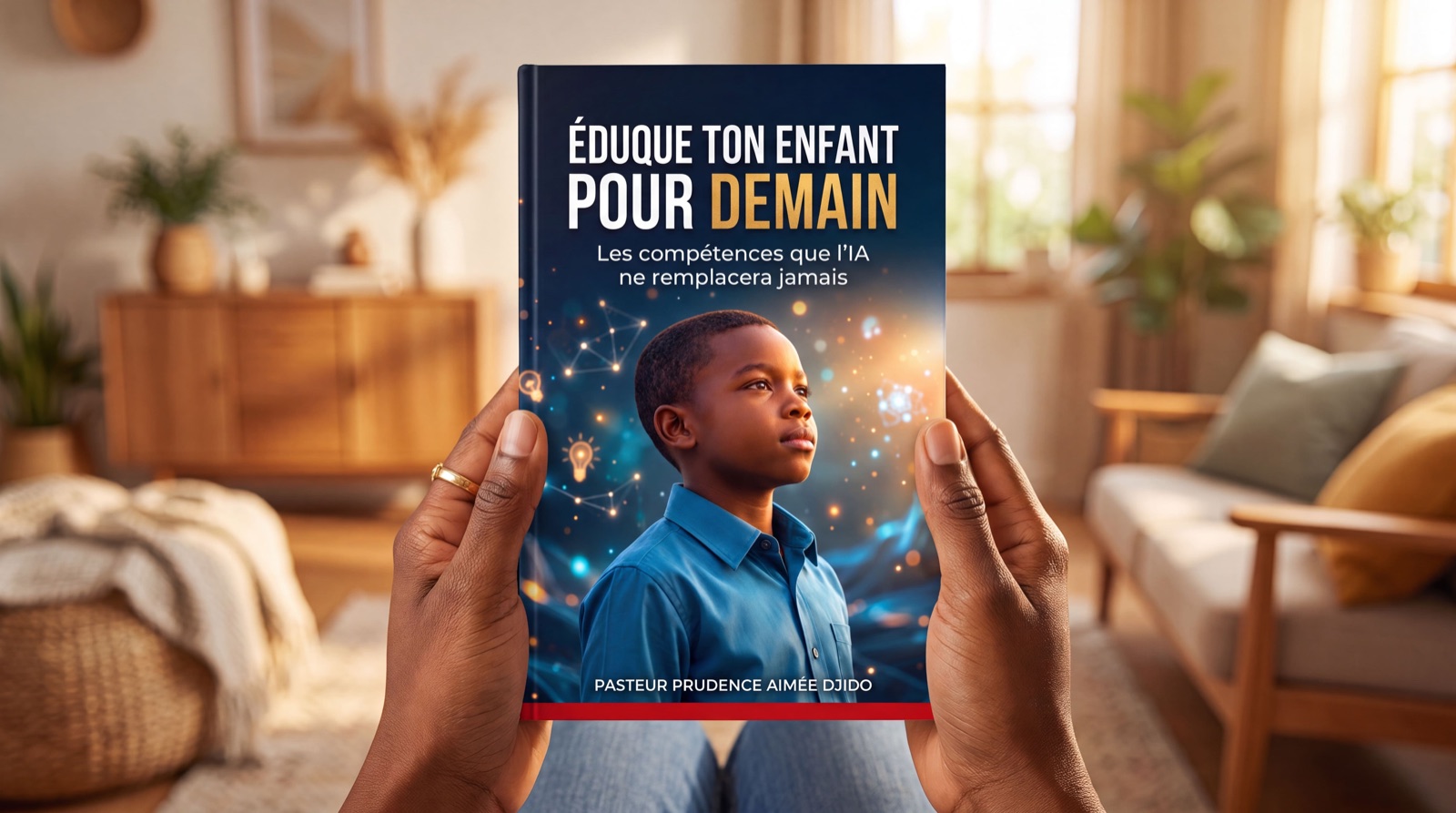 Un lecteur tient en main le livre Éduque ton enfant pour demain dans son salon