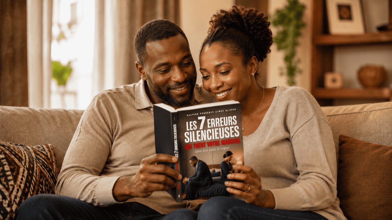 Un couple souriant lit le livre ensemble sur un canapé