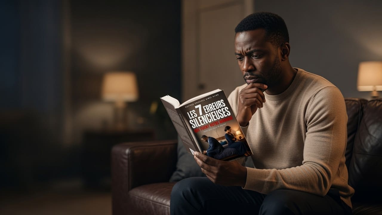 Un homme lit le livre, pensif, dans un salon le soir